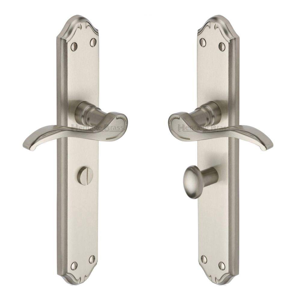 This is an image of a Heritage Brass - Door Handle for Bathroom Verona Design Satin Nickel Finish, mm828-sn that is available to order from Trade Door Handles in Kendal.