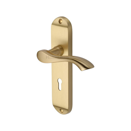 This is an image of a Heritage Brass - Door Handle Lever Lock Algarve Design Satin Brass Finish, mm924-sb that is available to order from Trade Door Handles in Kendal.