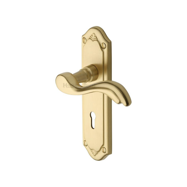 This is an image of a Heritage Brass - Door Handle Lever Lock Lisboa Design Satin Brass Finish, mm991-sb that is available to order from Trade Door Handles in Kendal.