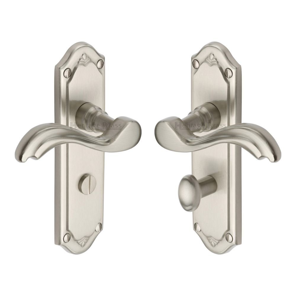 This is an image of a Heritage Brass - Door Handle for Bathroom Lisboa Design Satin Nickel Finish, mm993-sn that is available to order from Trade Door Handles in Kendal.