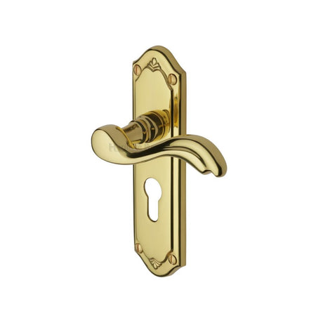 This is an image of a Heritage Brass - Door Handle for Euro Profile Plate Lisboa Design Polished Brass Fin, mm994-48-pb that is available to order from Trade Door Handles in Kendal.