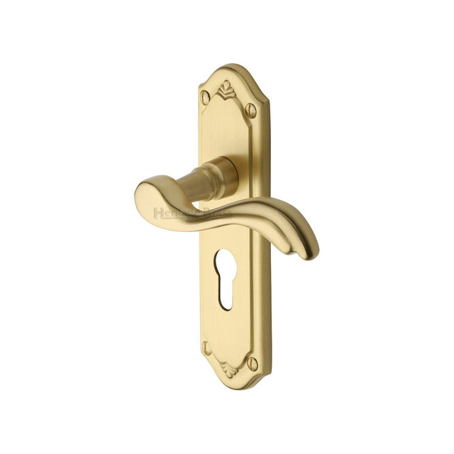 This is an image of a Heritage Brass - Door Handle for Euro Profile Plate Lisboa Design Satin Brass Fin, mm994-48-sb that is available to order from Trade Door Handles in Kendal.