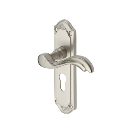 This is an image of a Heritage Brass - Door Handle for Euro Profile Plate Lisboa Design Satin Nickel Fi, mm994-48-sn that is available to order from Trade Door Handles in Kendal.