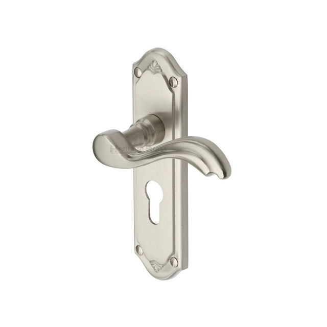 This is an image of a Heritage Brass - Door Handle for Euro Profile Plate Lisboa Design Satin Nickel Fi, mm994-48-sn that is available to order from Trade Door Handles in Kendal.