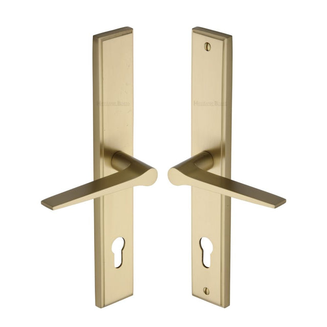 This is an image of a Heritage Brass - Multi-Point Door Handle Lever Lock Gio LH Design Satin Brass Fin, mp4189-lh-sb that is available to order from Trade Door Handles in Kendal.