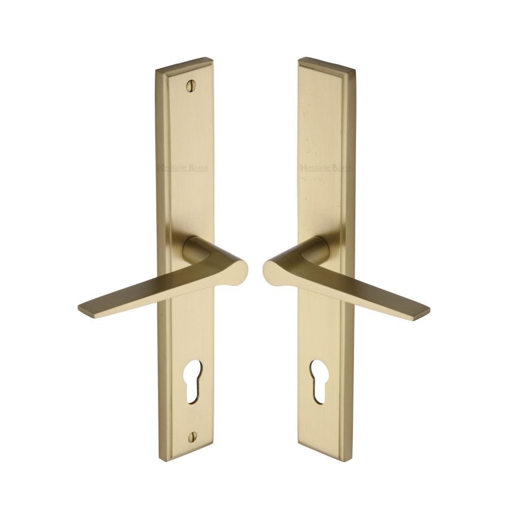 This is an image of a Heritage Brass - Multi-Point Door Handle Lever Lock Gio RH Design Satin Brass Fin, mp4189-rh-sb that is available to order from Trade Door Handles in Kendal.