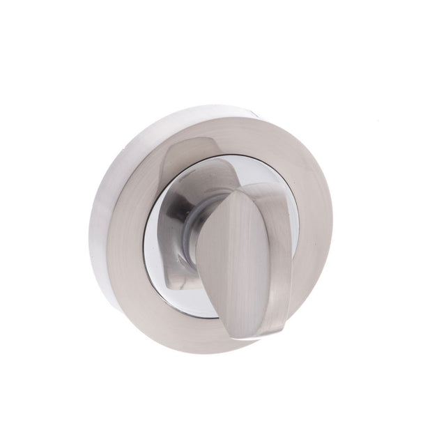 This is an image of Mediterranean WC Turn and Release on Round Rose - Satin Nickel/Polished Chrome available to order from Trade Door Handles.