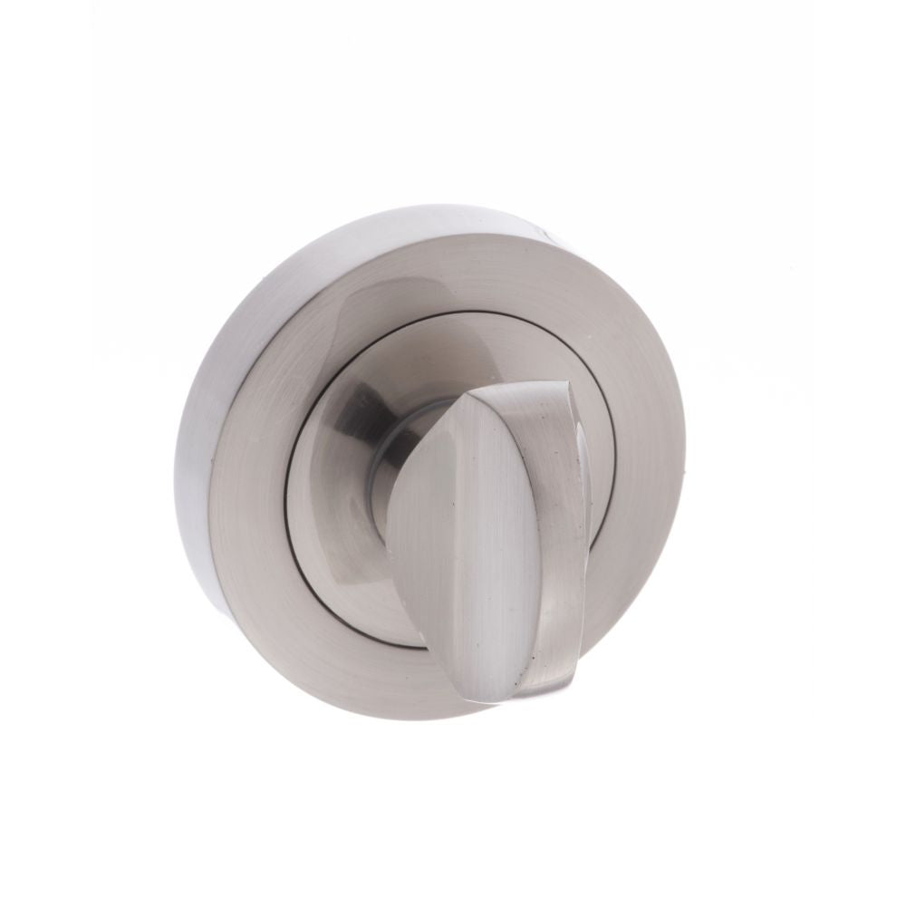 This is an image of Mediterranean WC Turn and Release on Round Rose - Satin Nickel available to order from Trade Door Handles.