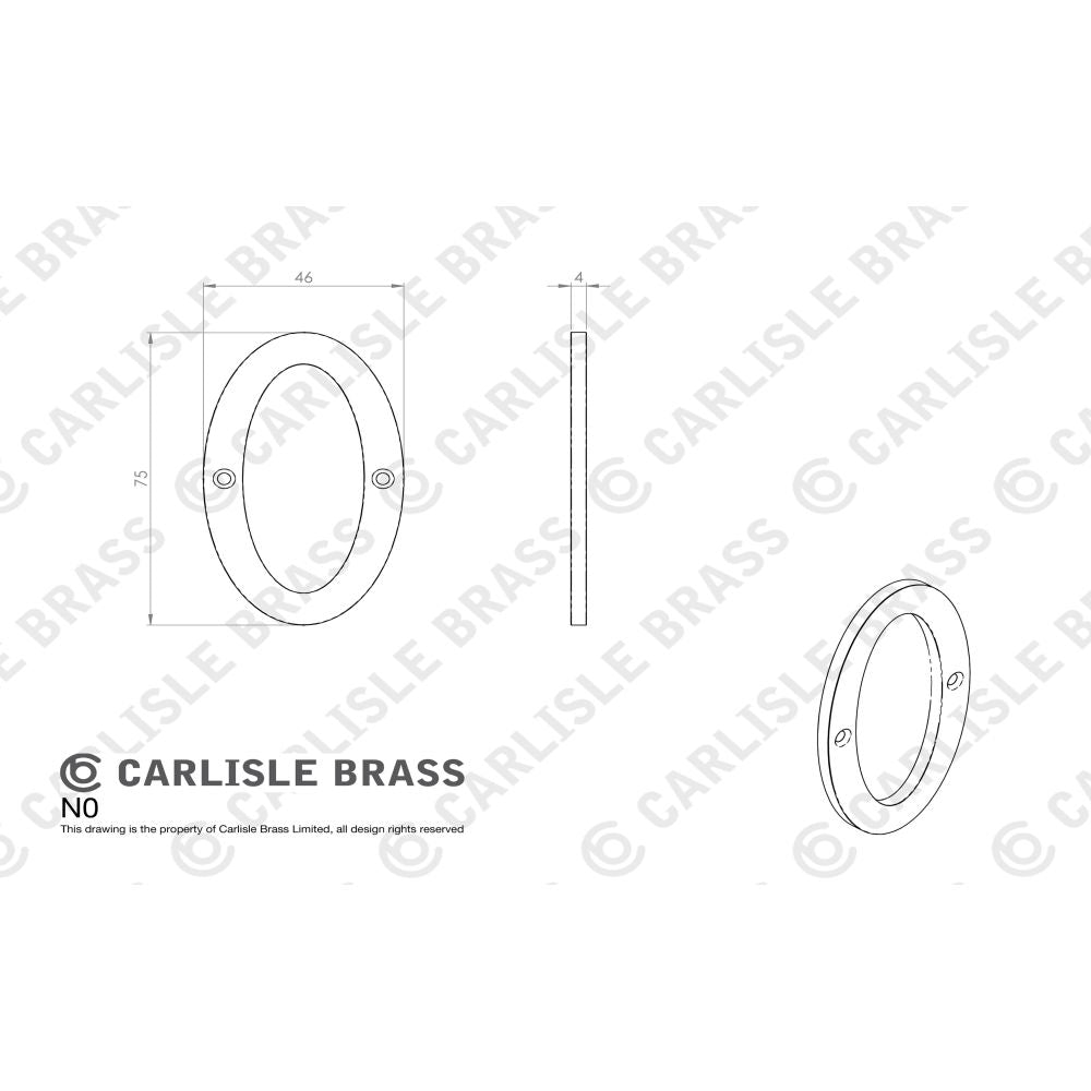 This image is a line drwaing of a Carlisle Brass - Numerals (0-9) Number 0 - Satin Chrome available to order from Trade Door Handles in Kendal