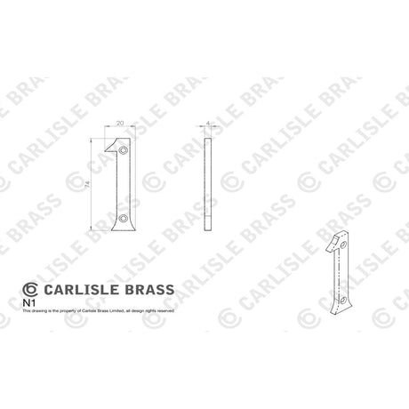 This image is a line drwaing of a Carlisle Brass - Numerals (0-9) Number 1 - Satin Chrome available to order from Trade Door Handles in Kendal