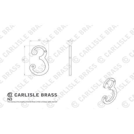 This image is a line drwaing of a Carlisle Brass - Numerals (0-9) Number 3 - Satin Chrome available to order from Trade Door Handles in Kendal