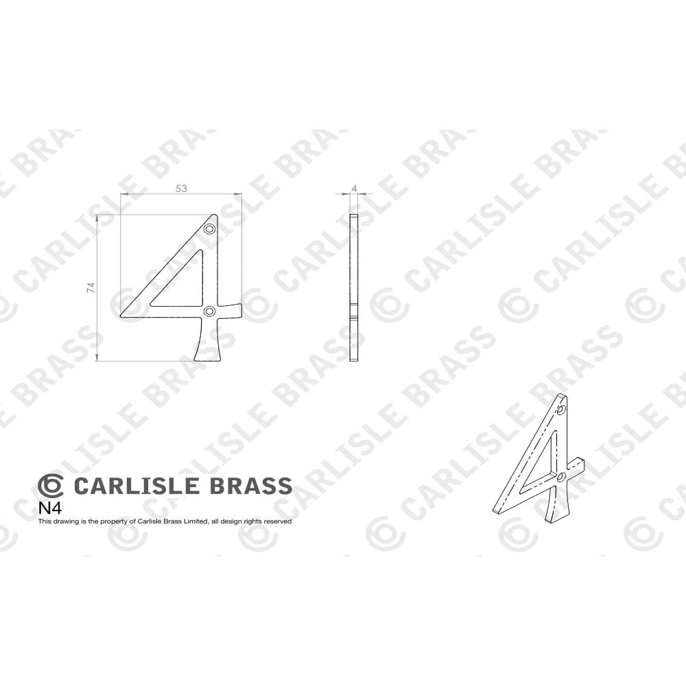 This image is a line drwaing of a Carlisle Brass - Numerals (0-9) Number 4 - Satin Chrome available to order from Trade Door Handles in Kendal