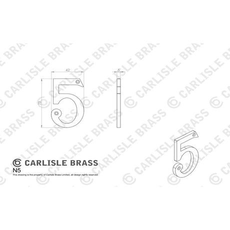 This image is a line drwaing of a Carlisle Brass - Numerals (0-9) Number 5 - Satin Chrome available to order from Trade Door Handles in Kendal