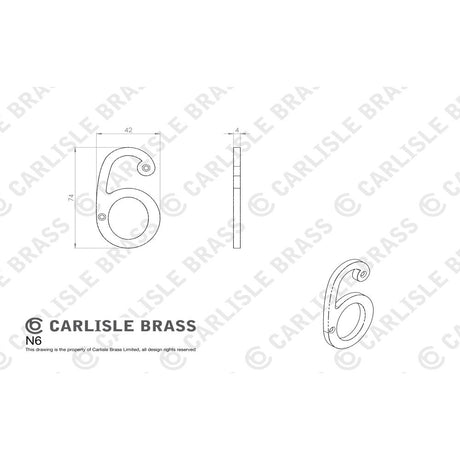 This image is a line drwaing of a Carlisle Brass - Numerals (0-9) Number 6/9 - Satin Chrome available to order from Trade Door Handles in Kendal