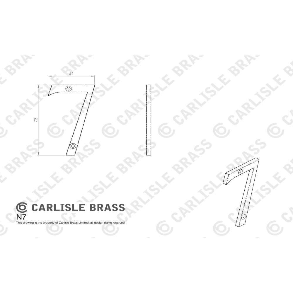 This image is a line drwaing of a Carlisle Brass - Numerals (0-9) Number 7 - Polished Brass available to order from Trade Door Handles in Kendal