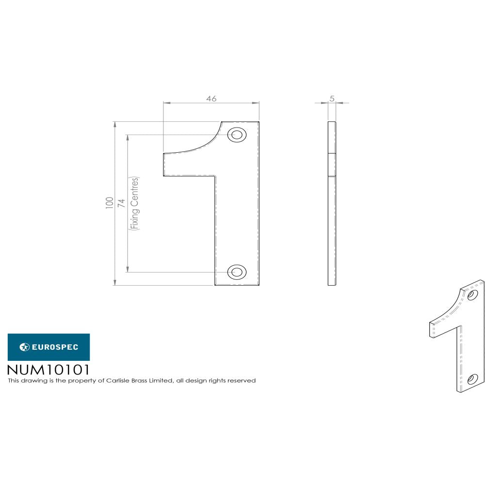 This image is a line drwaing of a Eurospec - Numerals Number 1 - Bright Stainless Steel available to order from Trade Door Handles in Kendal