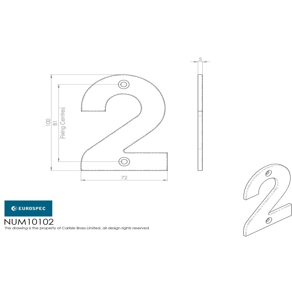 This image is a line drwaing of a Eurospec - Numerals Number 2 - Bright Stainless Steel available to order from Trade Door Handles in Kendal