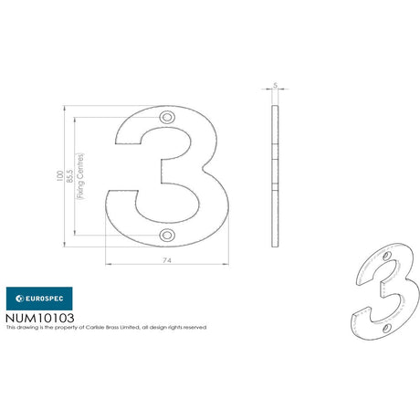 This image is a line drwaing of a Eurospec - Numerals Number 3 - Satin Stainless Steel available to order from Trade Door Handles in Kendal