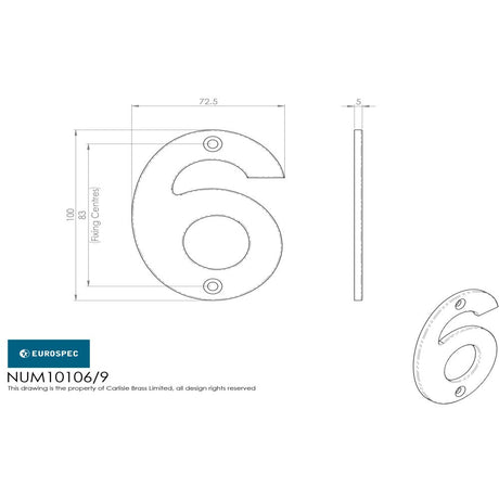 This image is a line drwaing of a Eurospec - Numerals Number 6/9 - Satin Stainless Steel available to order from Trade Door Handles in Kendal