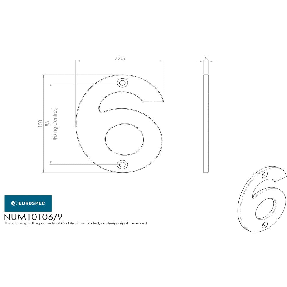 This image is a line drwaing of a Eurospec - Numerals Number 6/9 - Bright Stainless Steel available to order from Trade Door Handles in Kendal