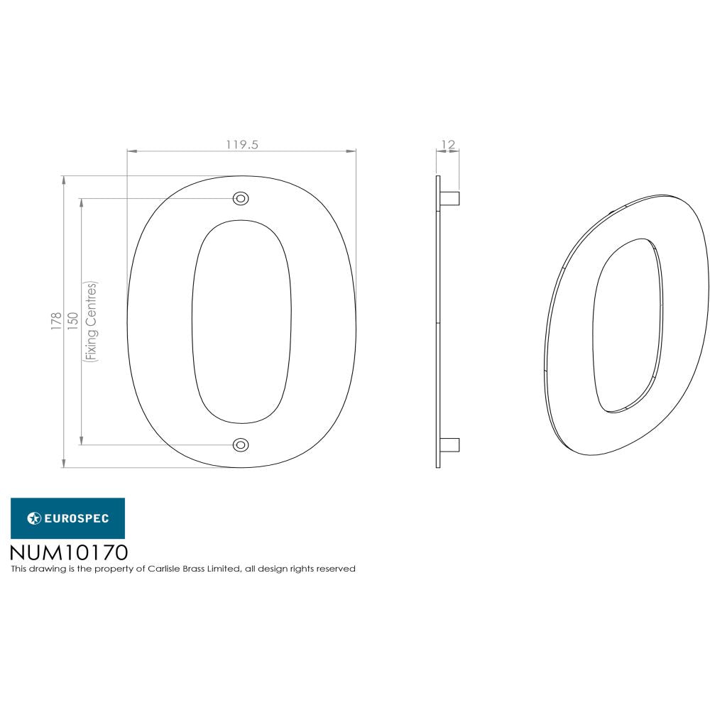 This image is a line drwaing of a Eurospec - Stainless Steel 7" Numerals (0-9) (Number 0) - Satin Stainless Steel available to order from Trade Door Handles in Kendal