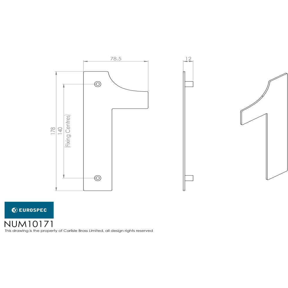 This image is a line drwaing of a Eurospec - Stainless Steel 7" Numerals (0-9) (Number 1) - Satin Stainless Steel available to order from Trade Door Handles in Kendal