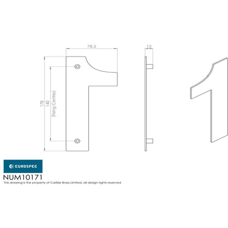 This image is a line drwaing of a Eurospec - Stainless Steel 7" Numerals (0-9) (Number 1) - Satin Stainless Steel available to order from Trade Door Handles in Kendal