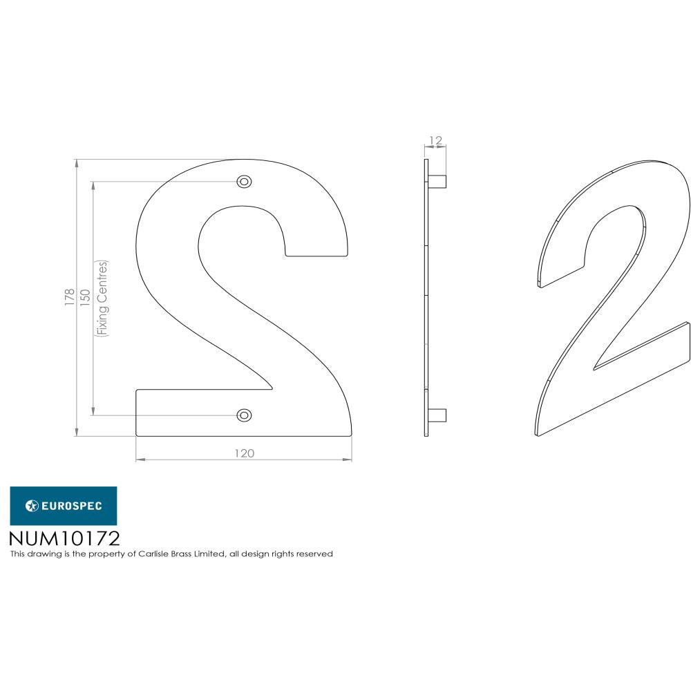 This image is a line drwaing of a Eurospec - Stainless Steel 7" Numerals (0-9) (Number 2) - Bright Stainless Steel available to order from Trade Door Handles in Kendal