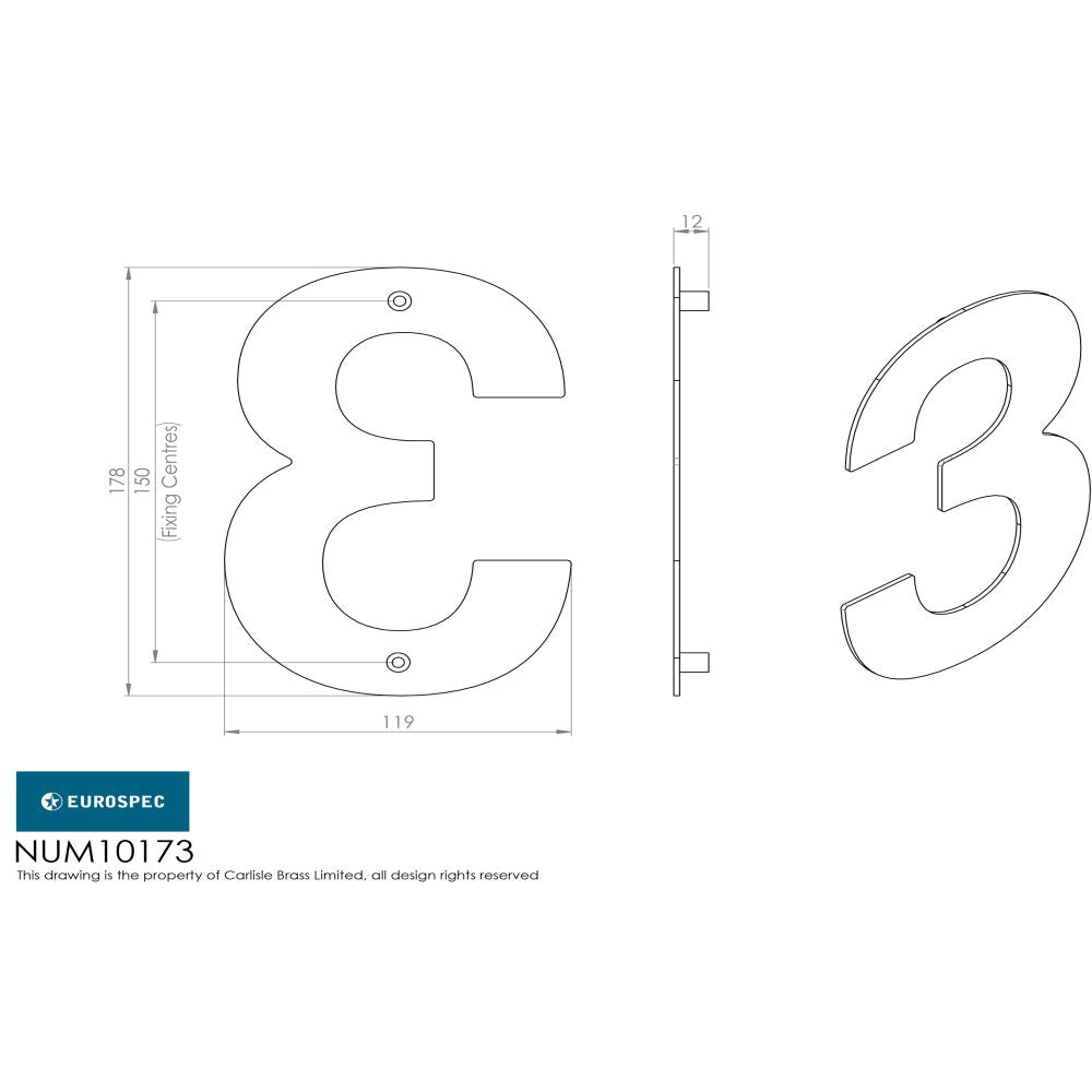 This image is a line drwaing of a Eurospec - Stainless Steel 7" Numerals (0-9) (Number 3) - Satin Stainless Steel available to order from Trade Door Handles in Kendal