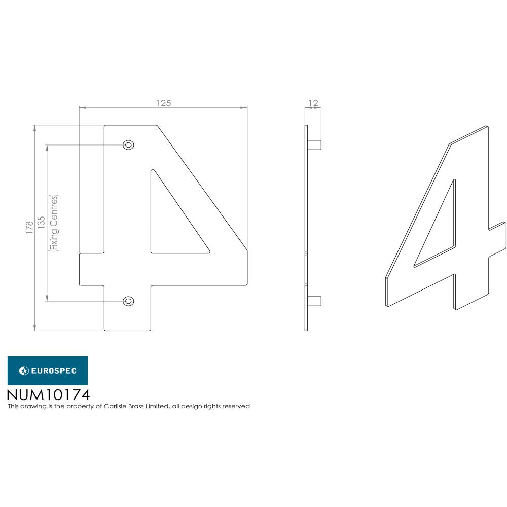 This image is a line drwaing of a Eurospec - Stainless Steel 7" Numerals (0-9) (Number 4) - Satin Stainless Steel available to order from Trade Door Handles in Kendal