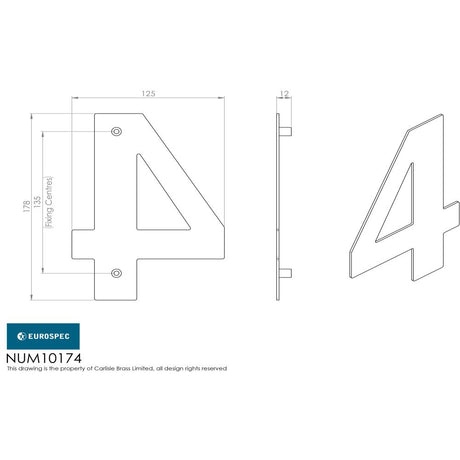 This image is a line drwaing of a Eurospec - Stainless Steel 7" Numerals (0-9) (Number 4) - Satin Stainless Steel available to order from Trade Door Handles in Kendal