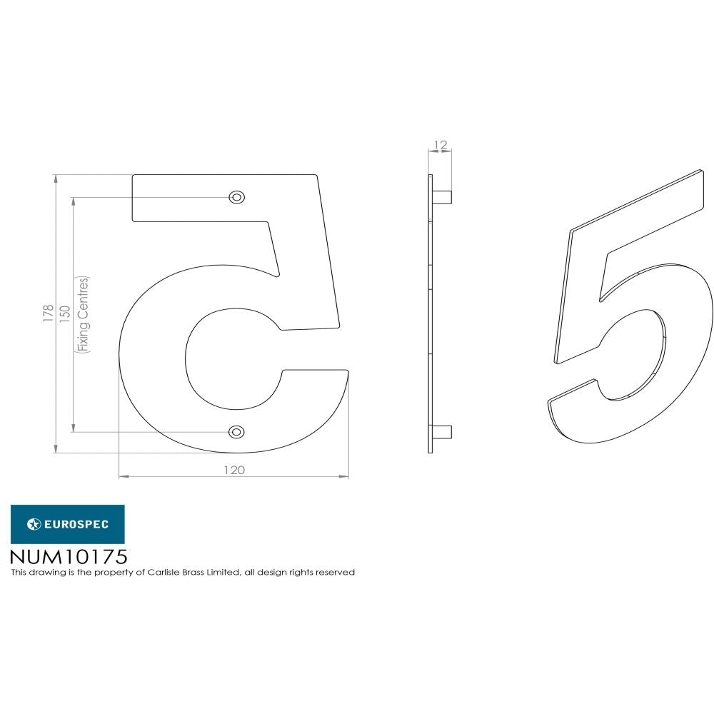 This image is a line drwaing of a Eurospec - Stainless Steel 7" Numerals (0-9) (Number 5) - Satin Stainless Steel available to order from Trade Door Handles in Kendal