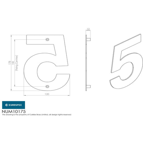 This image is a line drwaing of a Eurospec - Stainless Steel 7" Numerals (0-9) (Number 5) - Satin Stainless Steel available to order from Trade Door Handles in Kendal