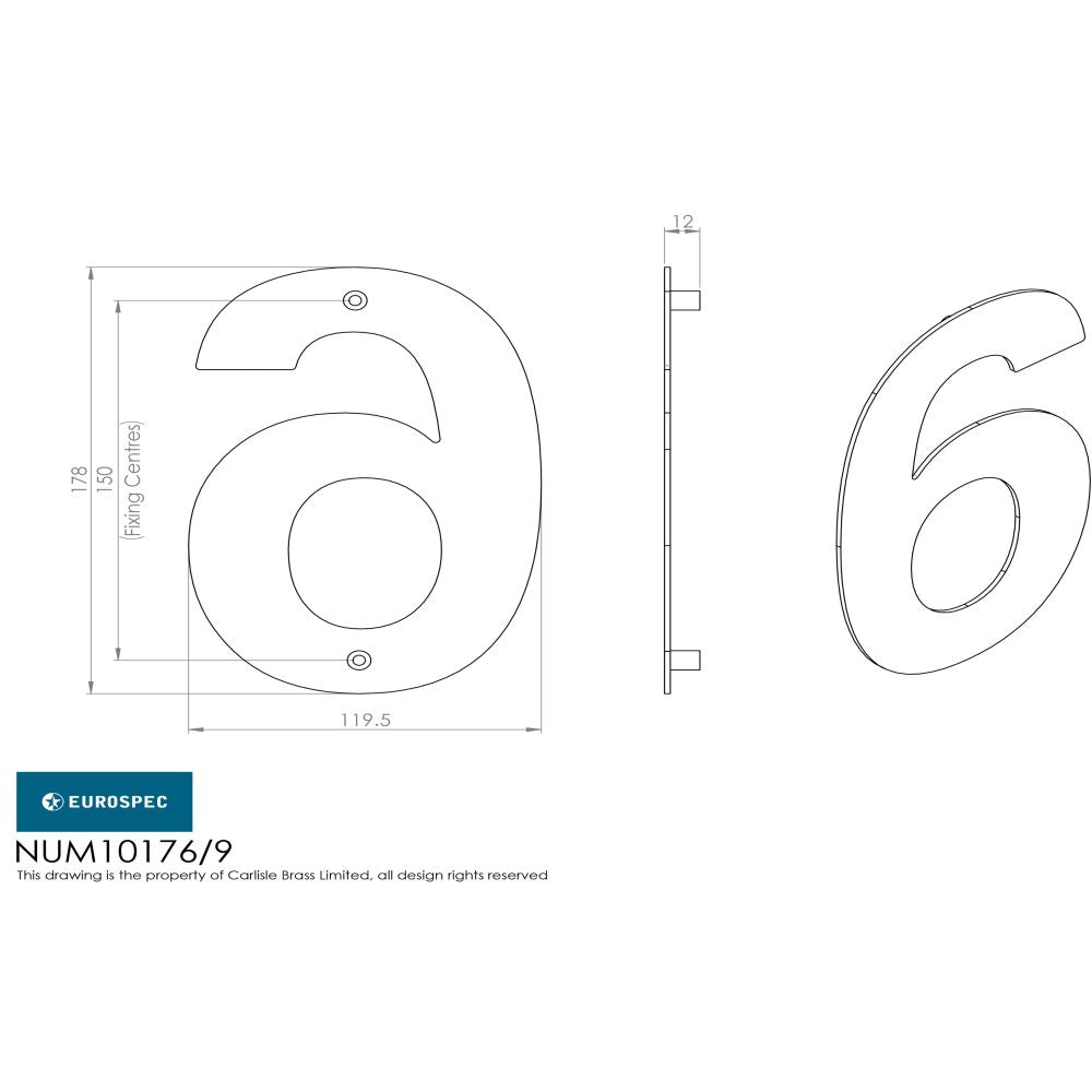 This image is a line drwaing of a Eurospec - Stainless Steel 7" Numerals (0-9) (Number 6/9) - Satin Stainless Stee available to order from Trade Door Handles in Kendal