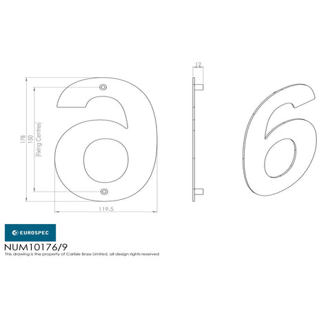 This image is a line drwaing of a Eurospec - Stainless Steel 7" Numerals (0-9) (Number 6/9) - Bright Stainless Ste available to order from Trade Door Handles in Kendal