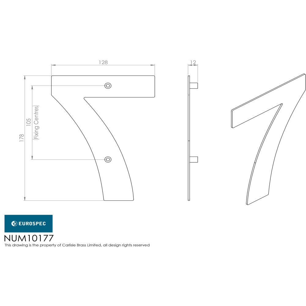 This image is a line drwaing of a Eurospec - Stainless Steel 7" Numerals (0-9) (Number 7) - Bright Stainless Steel available to order from Trade Door Handles in Kendal