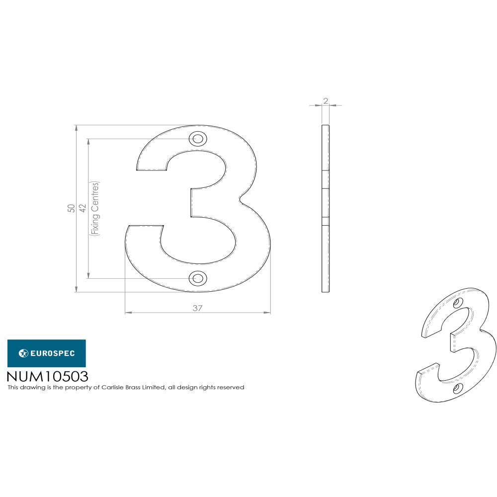 This image is a line drwaing of a Eurospec - Numerals Number 3 - Satin Stainless Steel available to order from Trade Door Handles in Kendal