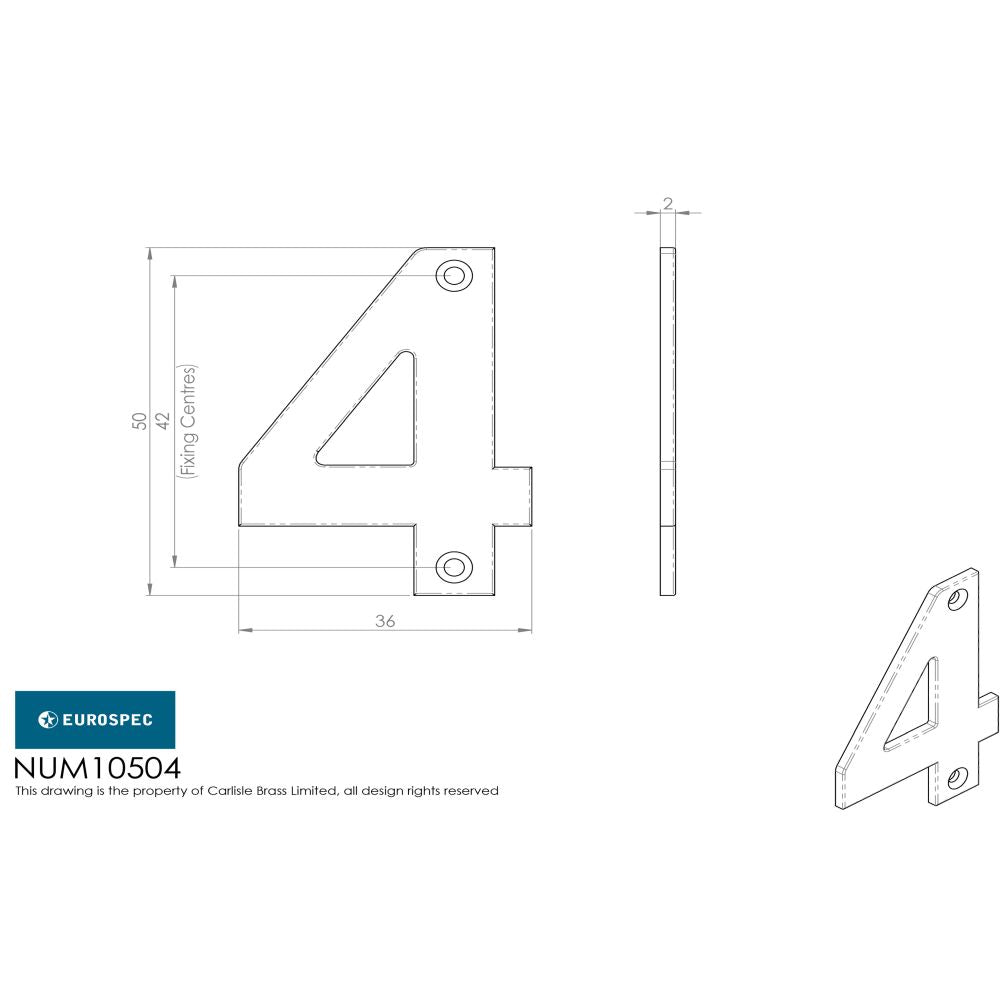 This image is a line drwaing of a Eurospec - Numerals Number 4 - Satin Stainless Steel available to order from Trade Door Handles in Kendal