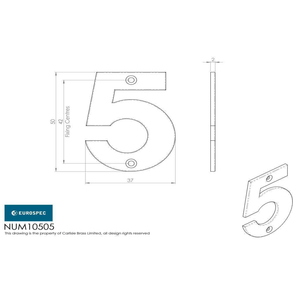 This image is a line drwaing of a Eurospec - Numerals Number 5 - Bright Stainless Steel available to order from Trade Door Handles in Kendal