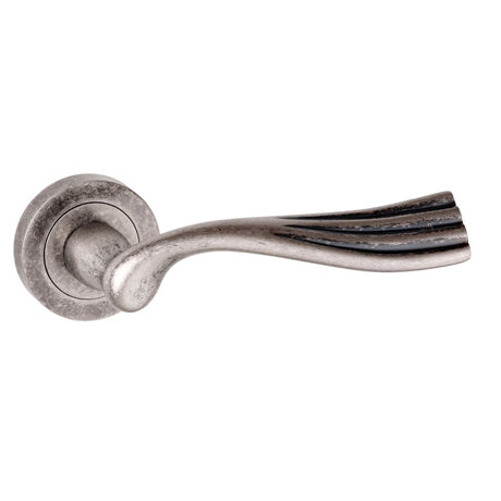 High quality image of Old English Richmond Lever on Round Rose - Distressed Silver | Sku. oe110ds | available to order from Trade Door Handles in Kendal.