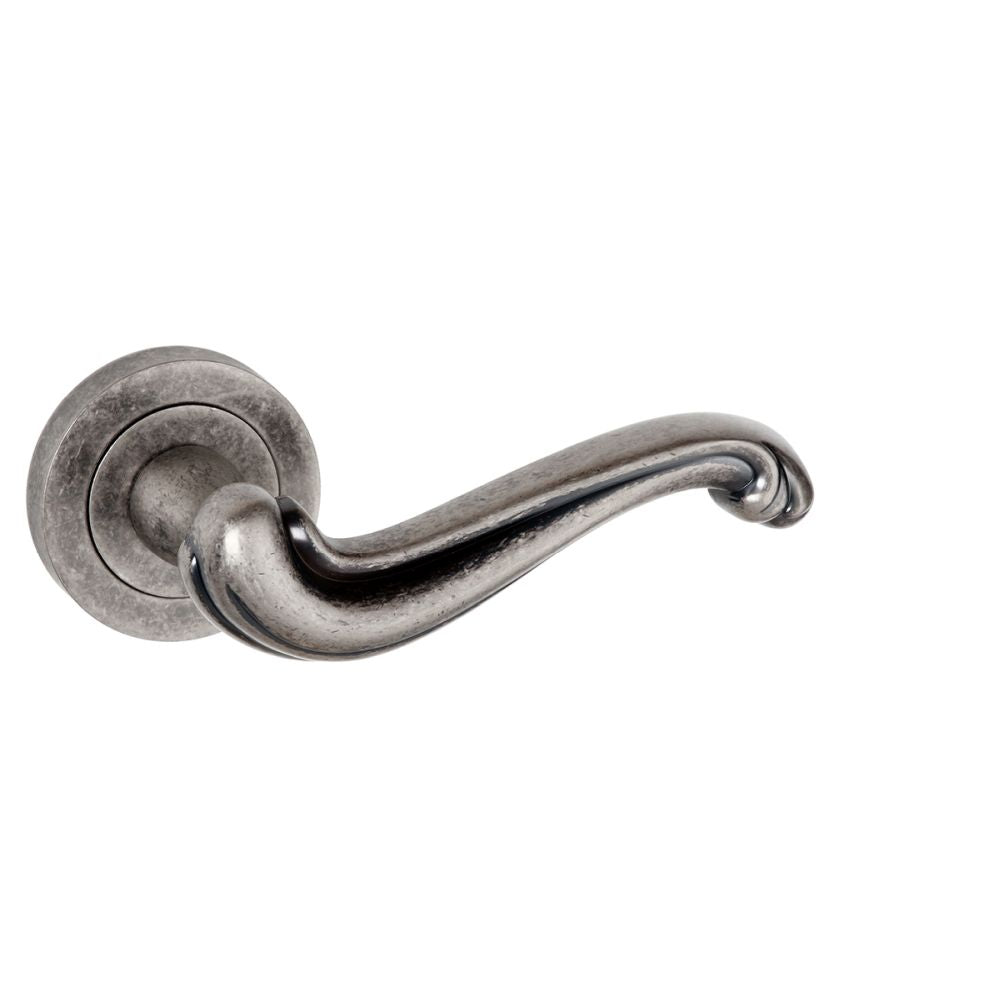High quality image of Old English Colchester Lever on Round Rose - Distressed Silver | Sku. oe177ds | available to order from Trade Door Handles in Kendal.