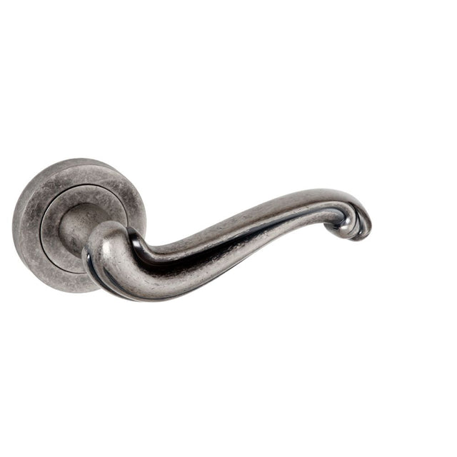 High quality image of Old English Colchester Lever on Round Rose - Distressed Silver | Sku. oe177ds | available to order from Trade Door Handles in Kendal.