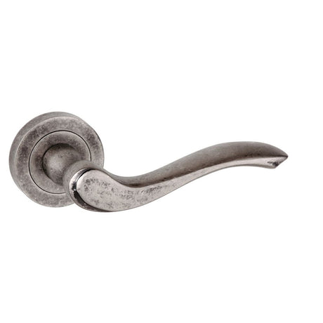 High quality image of Old English Warwick Lever on Round Rose - Distressed Silver | Sku. oe178ds | available to order from Trade Door Handles in Kendal.