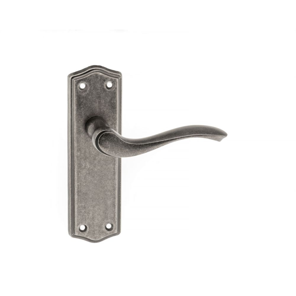 This is an image of Old English Warwick Latch Lever on Backplate - Distressed Silver available to order from Trade Door Handles.