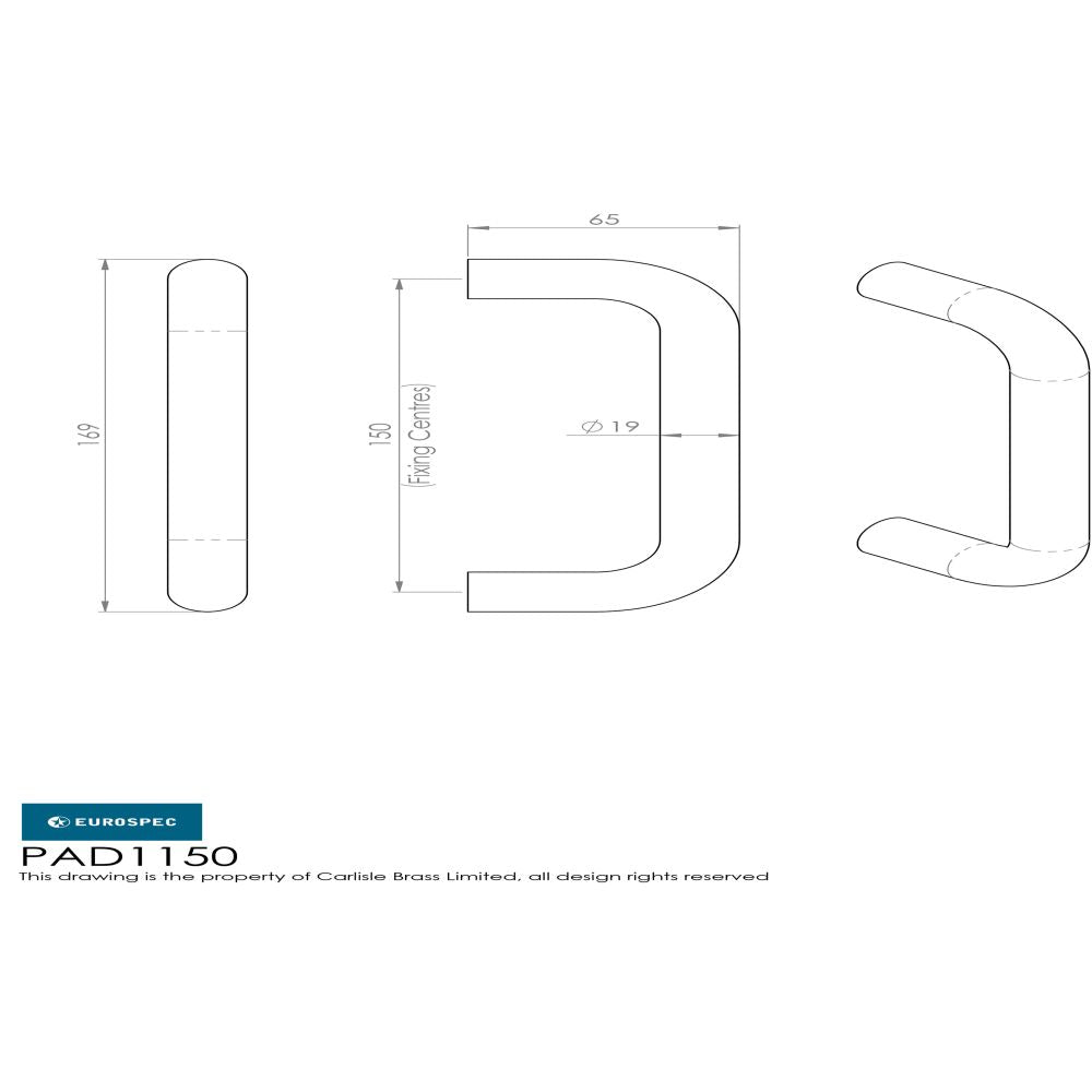 This image is a line drwaing of a Eurospec - 19mm D Pull Handle 150mm Centres - Satin Stainless Steel available to order from Trade Door Handles in Kendal