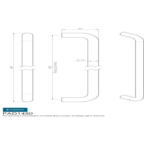 This image is a line drwaing of a Eurospec - 19mm D Pull Handles 450mm Centres - Satin Stainless Steel available to order from Trade Door Handles in Kendal