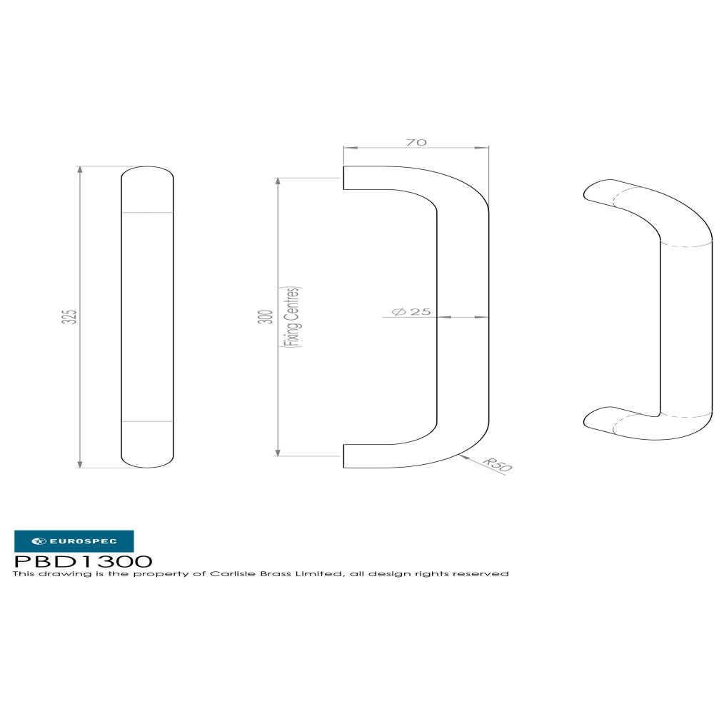 This image is a line drwaing of a Eurospec - 25mm D Pull Handles 300mm Centres - Satin Stainless Steel available to order from Trade Door Handles in Kendal