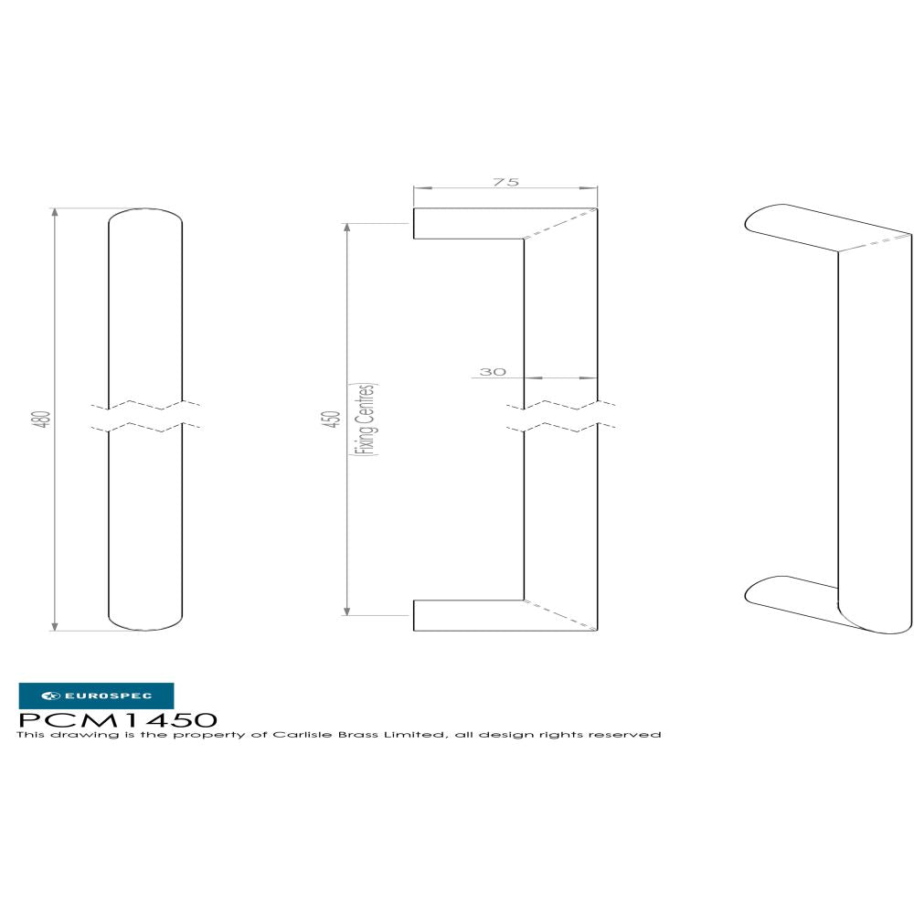 This image is a line drwaing of a Eurospec - 30mm Mitred Pull Handle 450mm Centres - Satin Stainless Steel available to order from Trade Door Handles in Kendal