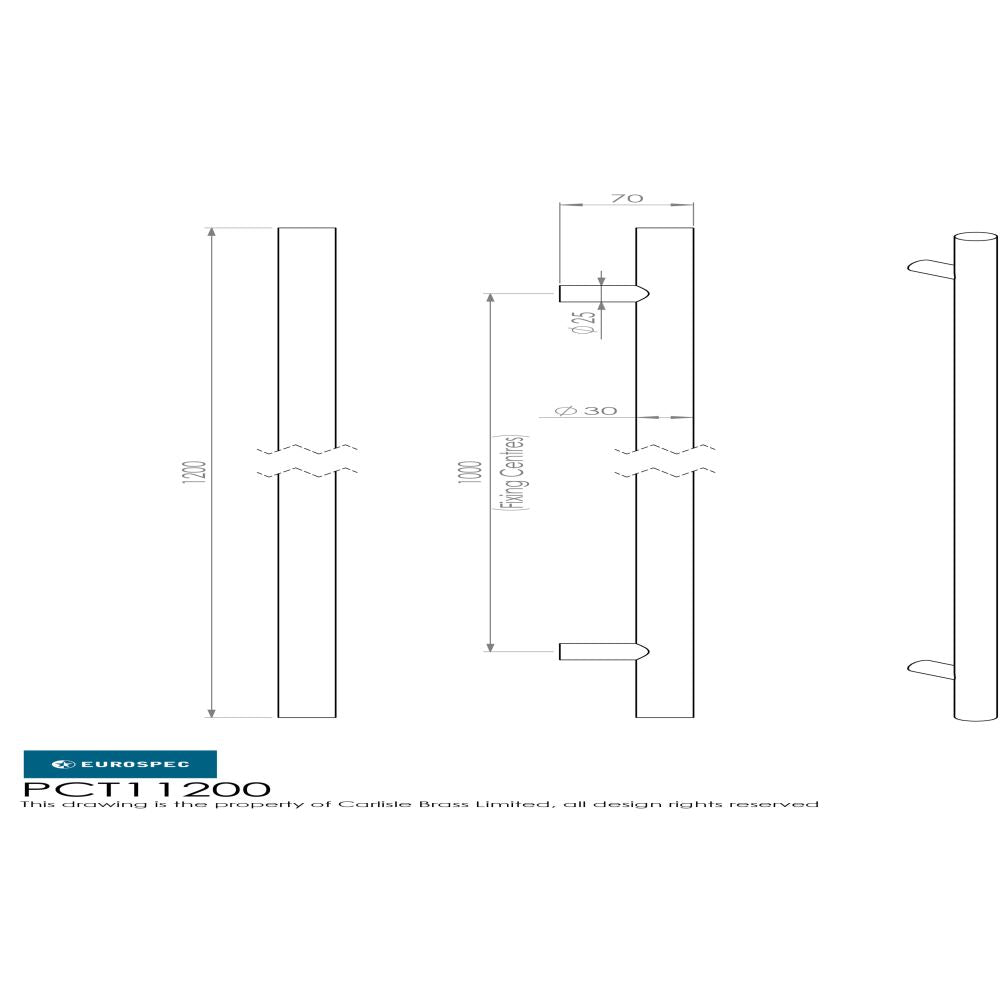 This image is a line drwaing of a Eurospec - 30mm Straight T Pull Handle 1000mm Centres - Satin Stainless Steel available to order from Trade Door Handles in Kendal