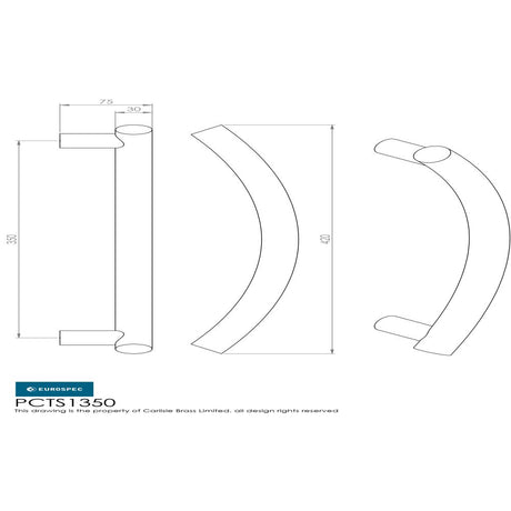 This image is a line drwaing of a Eurospec - Curved T Pull Handle - Satin Stainless Steel available to order from Trade Door Handles in Kendal